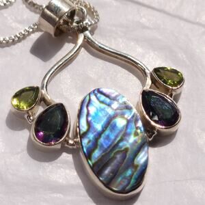 Sterling Silver Abalone Shell Pendant Necklace – 20" Chain with Gemstone Accents